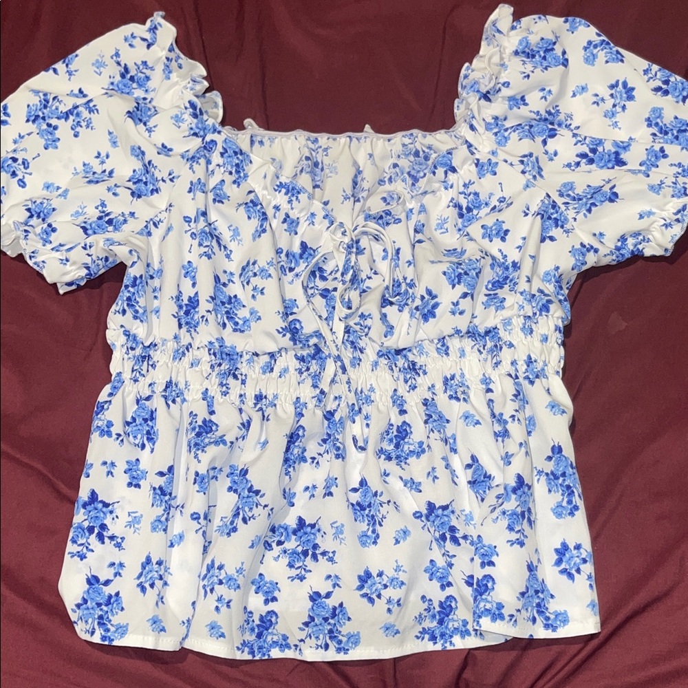 SHEIN Blue and White Floral Blouse